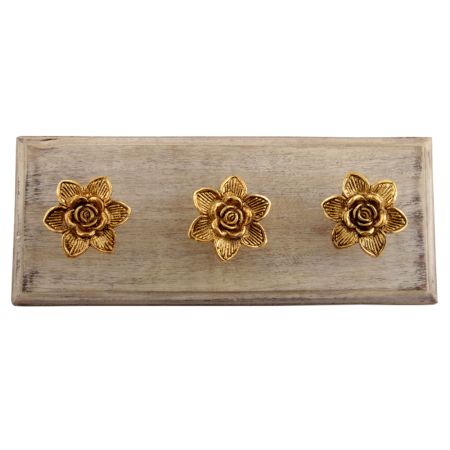 Golden Rose Flower Metal Wooden Hooks
